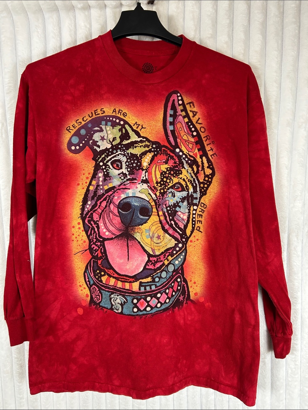 The Mountain Tie Dye Red long sleeve shirt Rescues are My Favorite Breed dog L